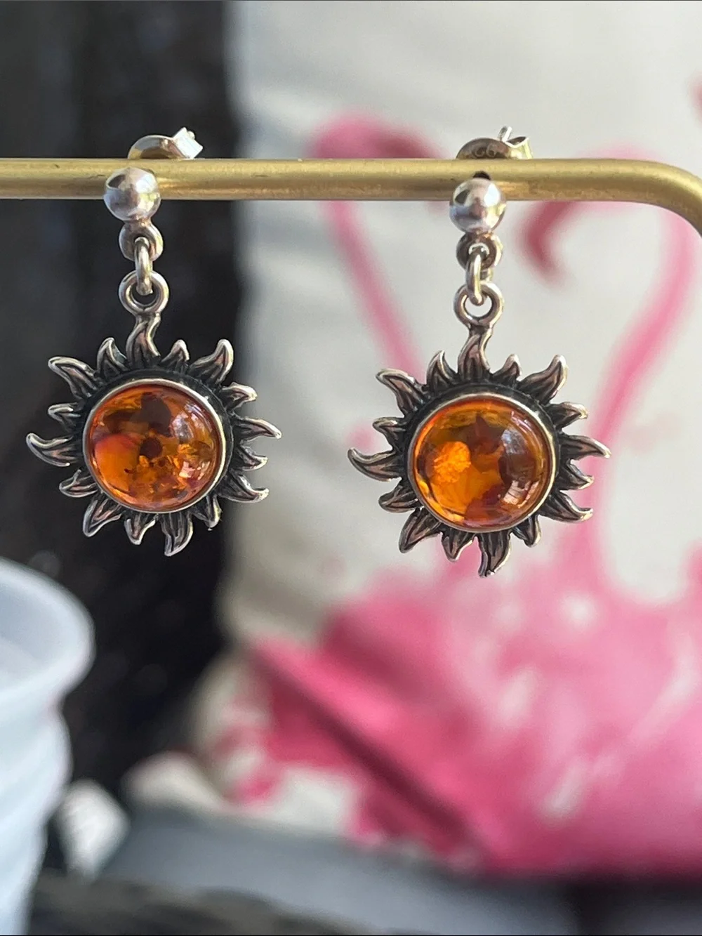 Sterling Silver Amber Sunburst Dangle Earrings - Picture 6 of 13